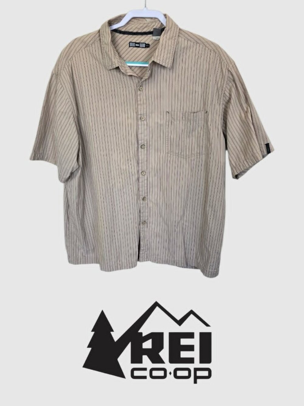 REI Short Sleeve Casual Outdoor Beige Stripes Button Down Shirts Mens XXL